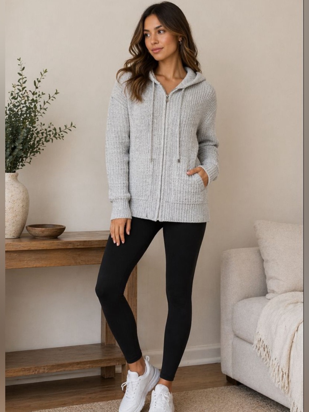 Nine West Light Gray Hooded Zip Knit Sweater
